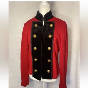RALPH LAUREN Large RED Knit Black VELVET Sweater BOLERO Vintage Jacket